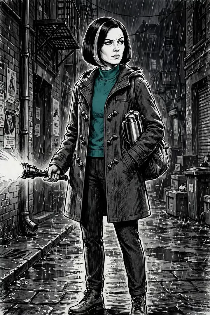 Danvers in the same alley, in a grey duffel coat and teal roll-neck, shining a torch through the rain with a tea flask under her arm.