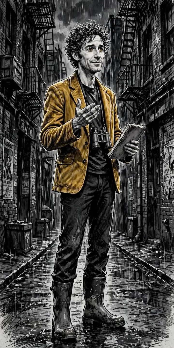Foxley in a rain-soaked alley, in his mustard corduroy jacket and wellies, binoculars round his neck and notebook in hand, mid-explanation.
